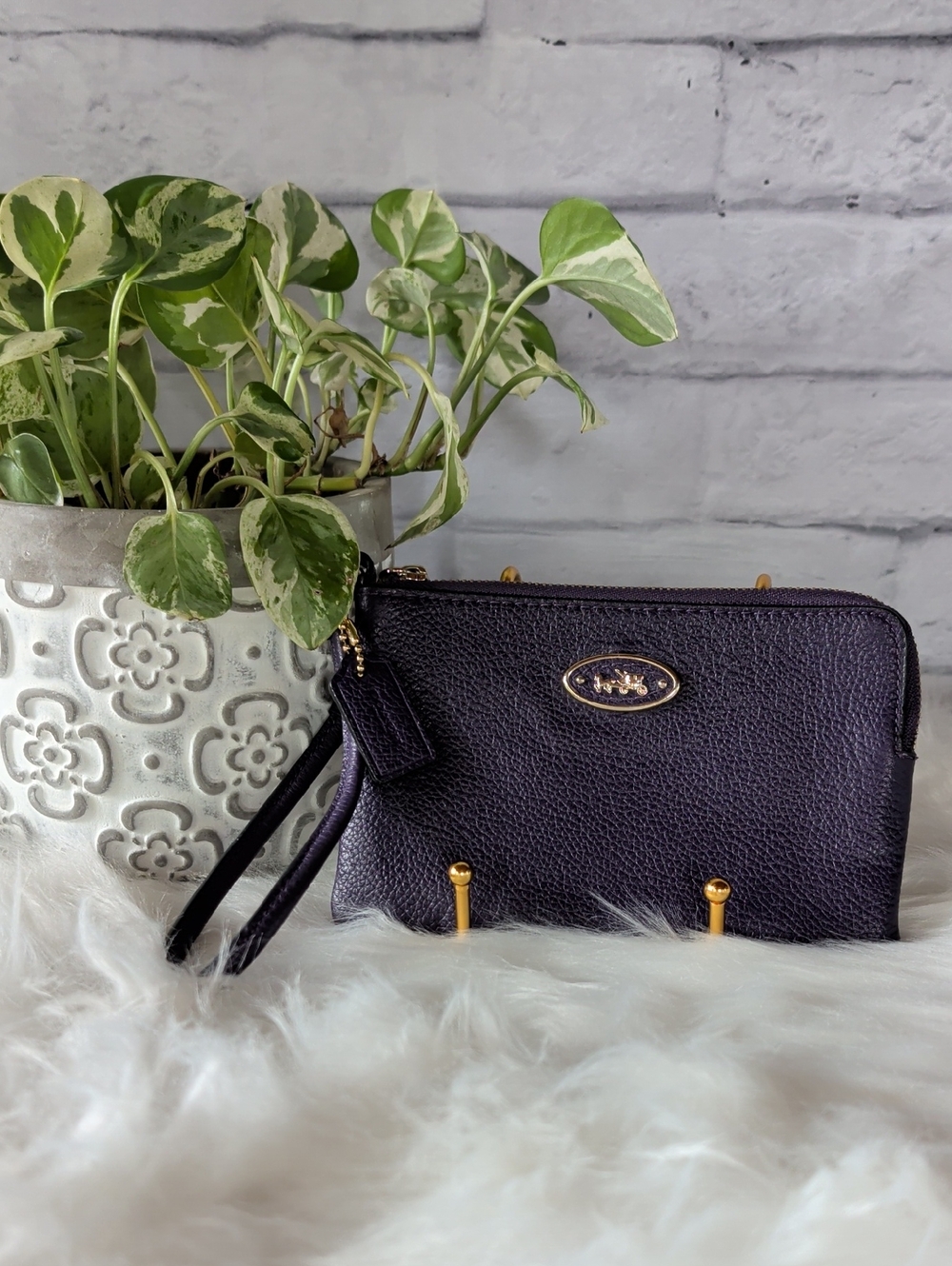 Coach Purple Pebbled Leather Wristlet with Gold Accents